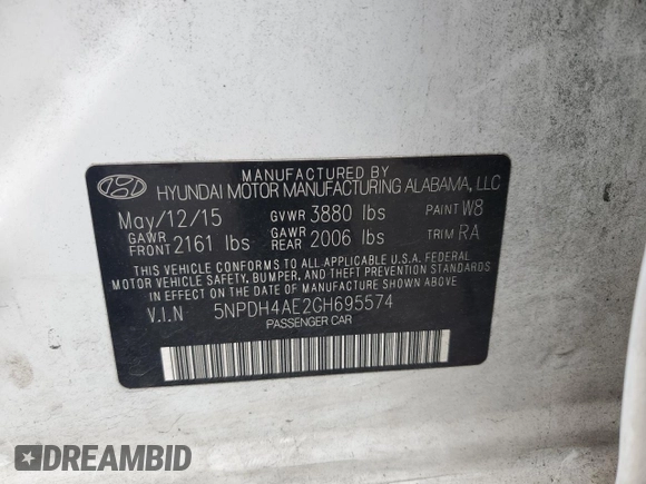 2016 Hyundai Elantra SE with VIN 5NPDH4AE2GH695574, listed as a Copart auction lot 54957935 with 192,282 mi miles and Clean Title. Bid and sale history available at DreamBid. Image 12.