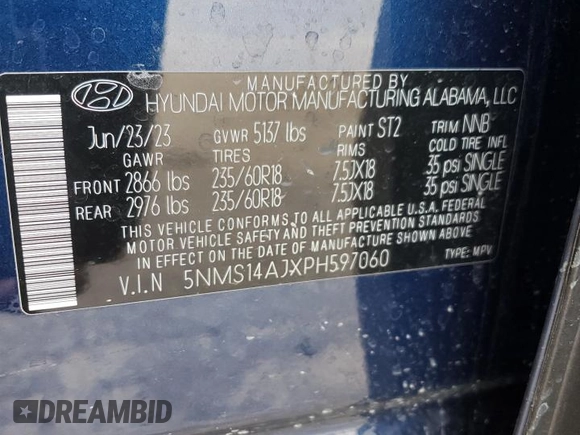 2023 Hyundai Santa Fe SE with VIN 5NMS14AJXPH597060, listed as a Copart auction lot 72561864 with 15,311 mi miles and Salvage Title. Bid and sale history available at carsss.com. Image 14.