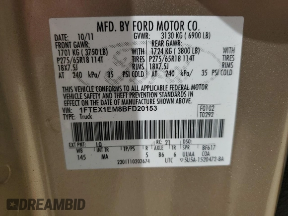 2011 Ford F-150 XL with VIN 1FTEX1EM8BFD20153, listed as a Copart auction lot 60405365 with 239,383 mi miles and Salvage title. Bid and sale history available at DreamBid. Image 12.