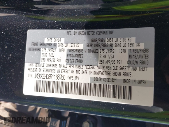 2024 Mazda CX-90 Premium Plus with VIN JM3KKEHD8R1186750, listed as a IAAI auction lot 41795353 with 5,144 mi miles and . Bid and sale history available at DreamBid. Image 9.
