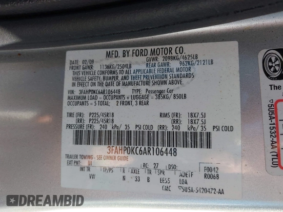 2010 Ford Fusion SPORT with VIN 3FAHP0KC6AR106448, listed as a IAAI auction lot 42025993 with 110,339 mi miles. Bid and sale history available at carsss.com. Image 9.