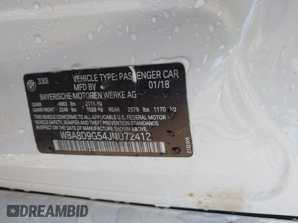 2018 BMW 3 Series 330i xDrive with VIN WBA8D9G54JNU72412, listed as a IAAI auction lot 40660769 with 58,668 mi miles. Bid and sale history available at carsss.com. Image 9.