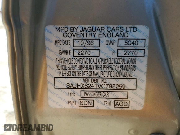 1997 Jaguar XJ with VIN SAJHX6241VC795259, listed as a Copart auction lot 70752854 with Not provided miles and Salvage title. Bid and sale history available at DreamBid. Image 12.