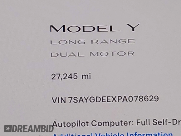 2023 Tesla Model Y Long Range with VIN 7SAYGDEEXPA078629, listed as a IAAI auction lot 42046354 with 27,245 mi miles and . Bid and sale history available at DreamBid. Image 16.