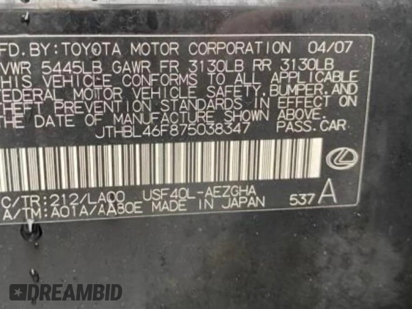 2007 Lexus LS 460 with VIN JTHBL46F875038347, listed as a Copart auction lot 63751365 with 259,466 mi miles and Clean title. Bid and sale history available at DreamBid. Image 10.