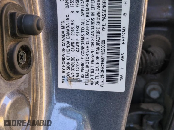 2015 Honda Civic Sedan LX with VIN 2HGFB2F58FH520309, listed as a Copart auction lot 51948955 with 139,775 mi miles and Salvage Title. Bid and sale history available at carsss.com. Image 12.