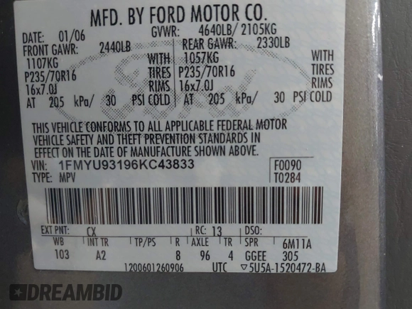 2006 Ford Escape XLT with VIN 1FMYU93196KC43833, listed as a IAAI auction lot 42196428 with 176,434 mi miles and . Bid and sale history available at DreamBid. Image 9.