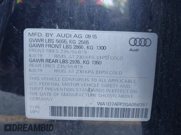 2016 Audi Q5 Premium Plus with VIN WA1D7AFP2GA056351, listed as a IAAI auction lot 42625683 with 120,384 mi miles and . Bid and sale history available at DreamBid. Image 9.