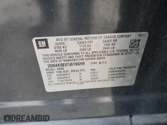 2018 Chevrolet Equinox LT z VIN 2GNAXSEV7J6190296, wystawiony jako Copart lot #54657585 z przebiegiem 96 297 mil mil oraz Szkoda całkowita • Salvage title. Historia ofert i sprzedaży dostępna na DreamBid. Obrazek 13.