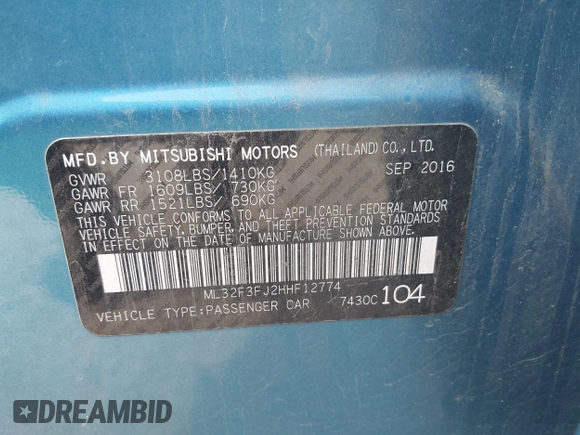 2017 Mitsubishi Mirage ES with VIN ML32F3FJ2HHF12774, listed as a IAAI auction lot 42676949 with 175,822 mi miles and . Bid and sale history available at DreamBid. Image 9.