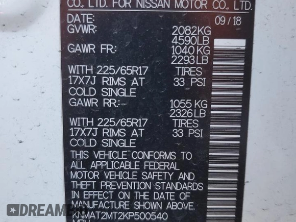 2019 Nissan Rogue SV with VIN KNMAT2MT2KP500540, listed as a Copart auction lot 53579515 with 102,746 mi miles and Salvage Title. Bid and sale history available at DreamBid. Image 13.
