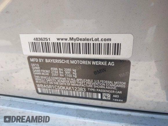 2019 BMW 3 Series 330i with VIN WBA5R1C50KAK12383, listed as a IAAI auction lot 42509330 with 78,092 mi miles and . Bid and sale history available at DreamBid. Image 9.