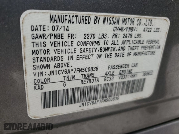 2015 Infiniti Q40 with VIN JN1CV6AP7FM500836, listed as a Copart auction lot 49897315 with 148,535 mi miles and Salvage Title. Bid and sale history available at DreamBid. Image 12.
