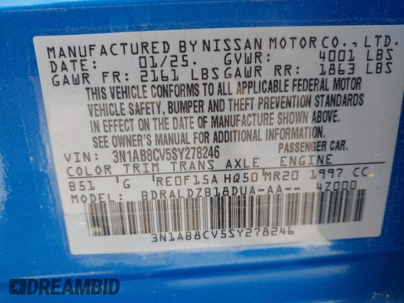 2025 Nissan Sentra SV with VIN 3N1AB8CV5SY278246, listed as a IAAI auction lot 42152689 with 6,654 mi miles. Bid and sale history available at carsss.com. Image 9.