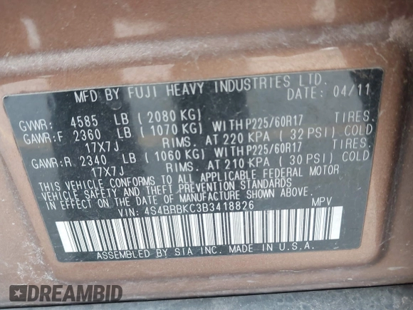 2011 Subaru Outback 2.5i Limited Pwr Moon with VIN 4S4BRBKC3B3418826, listed as a IAAI auction lot 41877354 with 110,372 mi miles. Bid and sale history available at carsss.com. Image 9.