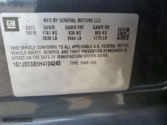 2017 Chevrolet Sonic LT with VIN 1G1JD5SB5H4104243, listed as a Copart auction lot 73046754 with 93,089 mi miles and Salvage Title. Bid and sale history available at carsss.com. Image 14.