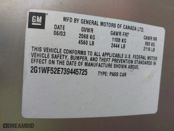 2003 Chevrolet Impala with VIN 2G1WF52E739445725, listed as a IAAI auction lot 41714913 with 116,119 mi miles. Bid and sale history available at carsss.com. Image 9.