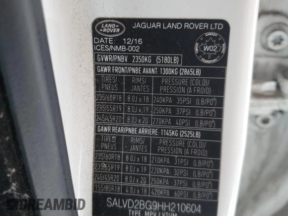 2017 Land Rover Range Rover Evoque HSE Dynamic with VIN SALVD2BG9HH210604, listed as a Copart auction lot 86601094 with 138,931 mi miles and Salvage Title. Bid and sale history available at carsss.com. Image 13.