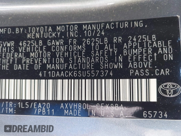 2025 Toyota Camry LE with VIN 4T1DAACK6SU557374, listed as a IAAI auction lot 42135249 with 516 mi miles and . Bid and sale history available at DreamBid. Image 9.
