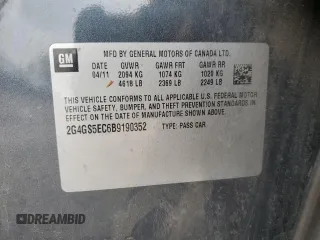 2011 Buick Regal CXL RL4 with VIN 2G4GS5EC6B9190352, listed as a Copart auction lot 55915305 with 83,378 mi miles and Salvage title. Bid and sale history available at DreamBid. Image 12.