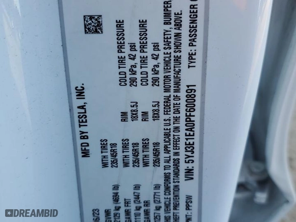 2023 Tesla Model 3 with VIN 5YJ3E1EA0PF600891, listed as a Copart auction lot 83871094 with 37,348 mi miles and Salvage Title. Bid and sale history available at carsss.com. Image 14.