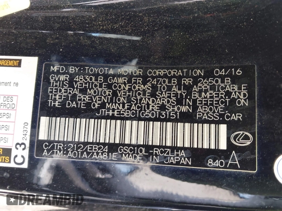 2016 Lexus RC 350 F Sport with VIN JTHHE5BC1G5013151, listed as a IAAI auction lot 42012688 with 142,153 mi miles and . Bid and sale history available at DreamBid. Image 9.