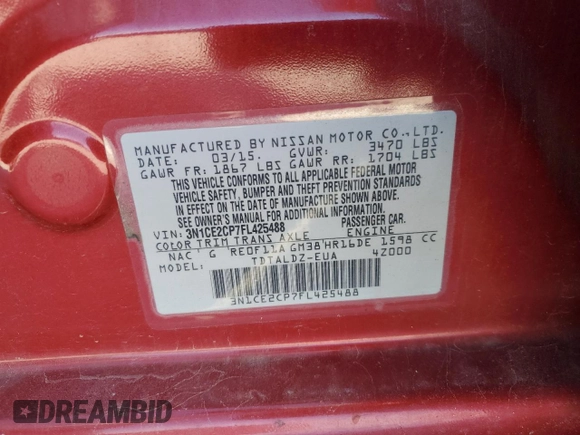 2015 Nissan Note SV с VIN 3N1CE2CP7FL425488, выставлен на аукционе Copart как лот 49626085 с пробегом 128 611 миль миль и Списание • Salvage title. История ставок и продаж доступна на DreamBid. Изображение 12.