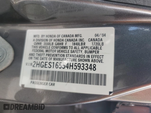2004 Honda Civic LX with VIN 2HGES16554H593348, listed as a Copart auction lot 56016895 with 115,976 mi miles and Clean Title. Bid and sale history available at DreamBid. Image 12.