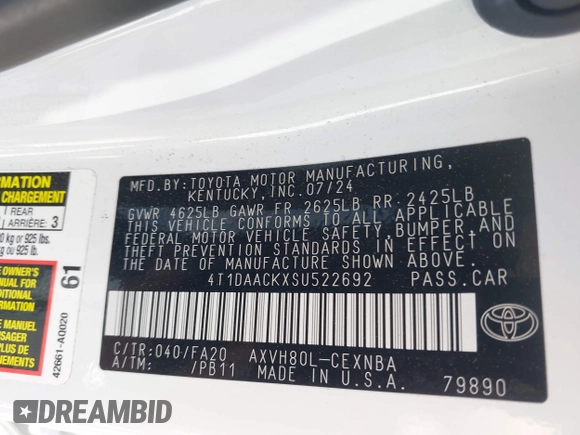 2025 Toyota Camry LE with VIN 4T1DAACKXSU522692, listed as a IAAI auction lot 41986703 with 7,814 mi miles and . Bid and sale history available at DreamBid. Image 9.