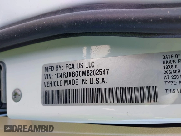 2021 Jeep Grand Cherokee Limited with VIN 1C4RJKBG0M8202547, listed as a IAAI auction lot 41368309 with 60,987 mi miles and . Bid and sale history available at DreamBid. Image 9.