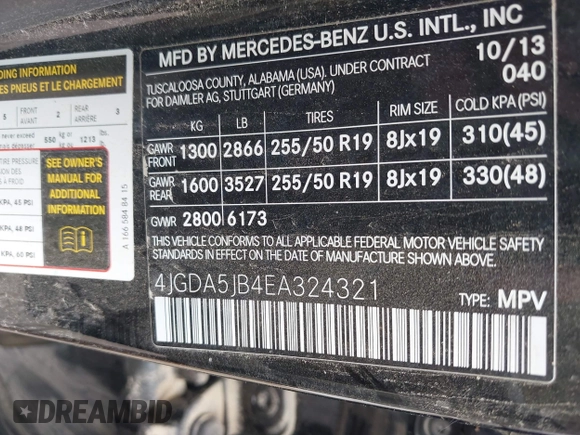 2014 Mercedes-Benz M 350 with VIN 4JGDA5JB4EA324321, listed as a IAAI auction lot 42393257 with 96,118 mi miles and . Bid and sale history available at DreamBid. Image 9.