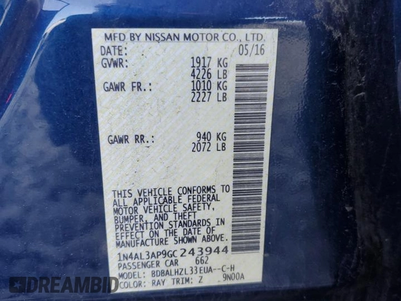 2016 Nissan Altima SR с VIN 1N4AL3AP9GC243944, выставлен на аукционе Copart как лот 58656155 с пробегом 50 088 миль миль и Списание • Salvage title. История ставок и продаж доступна на DreamBid. Изображение 12.