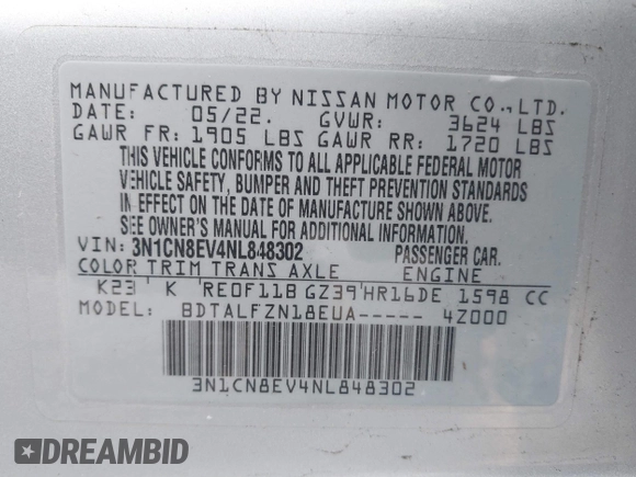 2022 Nissan Versa SV z VIN 3N1CN8EV4NL848302, wystawiony jako IAAI lot #41364363 z przebiegiem 18 556 mil mil oraz . Historia ofert i sprzedaży dostępna na DreamBid. Obrazek 9.