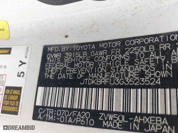 2016 Toyota Prius Two with VIN JTDKBRFU3G3523524, listed as a IAAI auction lot 42077253 with 293,150 mi miles. Bid and sale history available at carsss.com. Image 9.