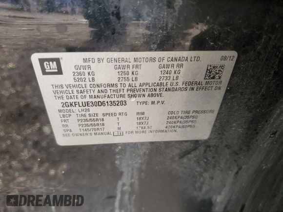 2013 GMC Terrain SLT with VIN 2GKFLUE30D6135203, listed as a Copart auction lot 49542325 with 120,333 mi miles and Salvage Title. Bid and sale history available at carsss.com. Image 13.