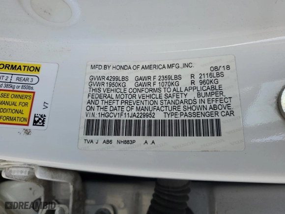 2018 Honda Accord Sedan LX 1.5T with VIN 1HGCV1F11JA229952, listed as a Copart auction lot 50070115 with 152,643 mi miles and Clean Title. Bid and sale history available at carsss.com. Image 13.