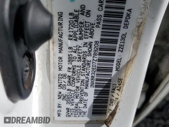 2007 Toyota Corolla CE with VIN 1NXBR32E07Z789208, listed as a Copart auction lot 89406585 with 197,173 mi miles and Salvage title. Bid and sale history available at DreamBid. Image 13.