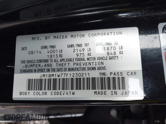 2015 Mazda 3 i Grand Touring with VIN JM1BM1W77F1230211, listed as a IAAI auction lot 41460344 with 106,544 mi miles and . Bid and sale history available at DreamBid. Image 9.