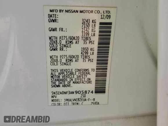 2010 Infiniti QX56 with VIN 5N3ZA0NF3AN905874, listed as a Copart auction lot 58995905 with 284,995 mi miles and Salvage title. Bid and sale history available at DreamBid. Image 15.