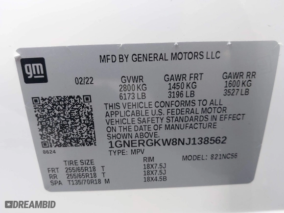 2022 Chevrolet Traverse LT Cloth with VIN 1GNERGKW8NJ138562, listed as a IAAI auction lot 41730860 with 36,276 mi miles. Bid and sale history available at carsss.com. Image 9.