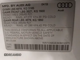 2019 Audi e-tron Prestige with VIN WA1VABGE3KB012371, listed as a IAAI auction lot 42314860 with 41,269 mi miles and . Bid and sale history available at DreamBid. Image 9.