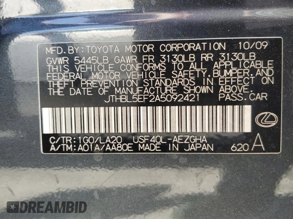 2010 Lexus LS 460 with VIN JTHBL5EF2A5092421, listed as a Copart auction lot 66756174 with 214,879 mi miles and Salvage title. Bid and sale history available at DreamBid. Image 12.