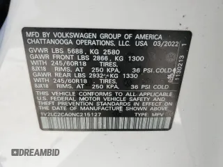 2022 Volkswagen Atlas SE с VIN 1V2LC2CA0NC215127, выставлен на аукционе Copart как лот 42610515 с пробегом 28 441 миль миль и Списание • Salvage title. История ставок и продаж доступна на DreamBid. Изображение 13.