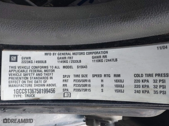 2005 Chevrolet Colorado 1SB LS Z85 with VIN 1GCCS136758199456, listed as a IAAI auction lot 41735740 with 206,101 mi miles. Bid and sale history available at carsss.com. Image 9.