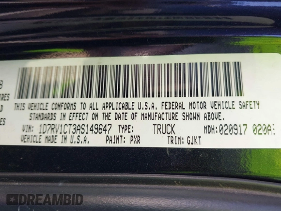 2010 Dodge 1500 SLT with VIN 1D7RV1CT3AS149647, listed as a IAAI auction lot 41342475 with 188,352 mi miles and . Bid and sale history available at DreamBid. Image 9.