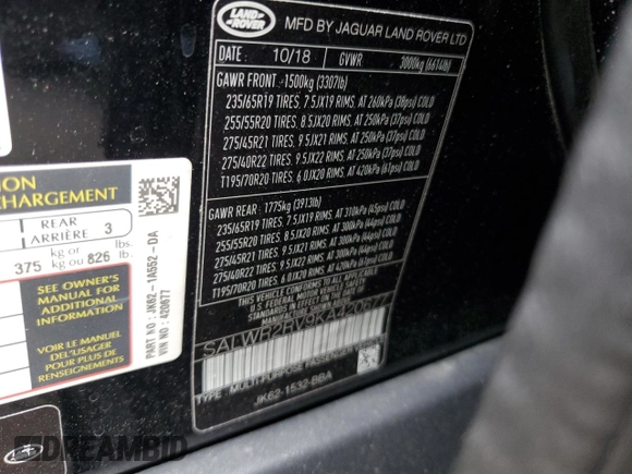 2019 Land Rover Range Rover Sport HSE with VIN SALWR2RV9KA420677, listed as a Copart auction lot 49412085 with 137,840 mi miles and Salvage Title. Bid and sale history available at DreamBid. Image 12.