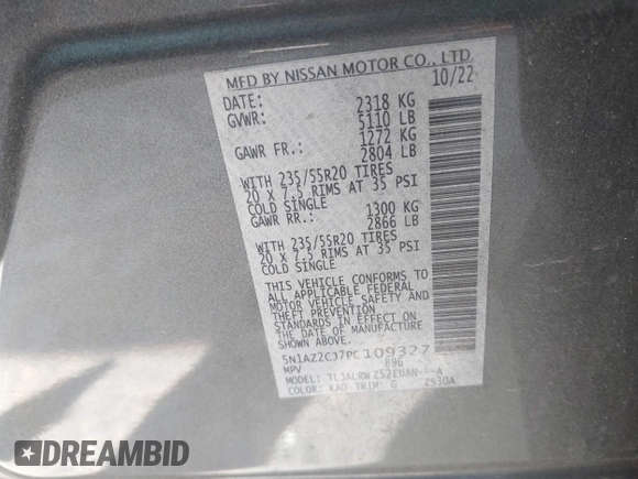 2023 Nissan Murano SL with VIN 5N1AZ2CJ7PC109327, listed as a IAAI auction lot 41854241 with 55,744 mi miles and . Bid and sale history available at DreamBid. Image 9.