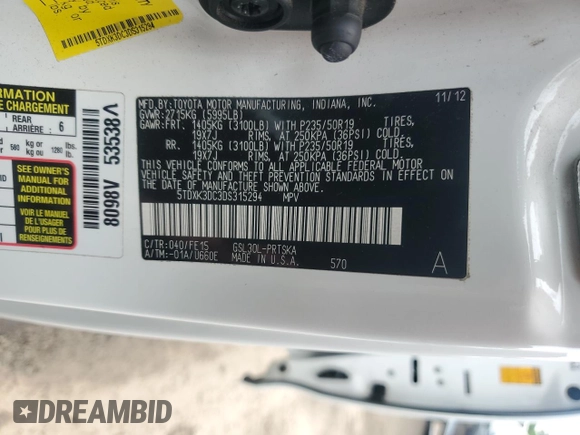 2013 Toyota Sienna SE с VIN 5TDXK3DC3DS315294, выставлен на аукционе Copart как лот 60732425 с пробегом 84 030 миль миль и Списание • Salvage title. История ставок и продаж доступна на DreamBid. Изображение 13.