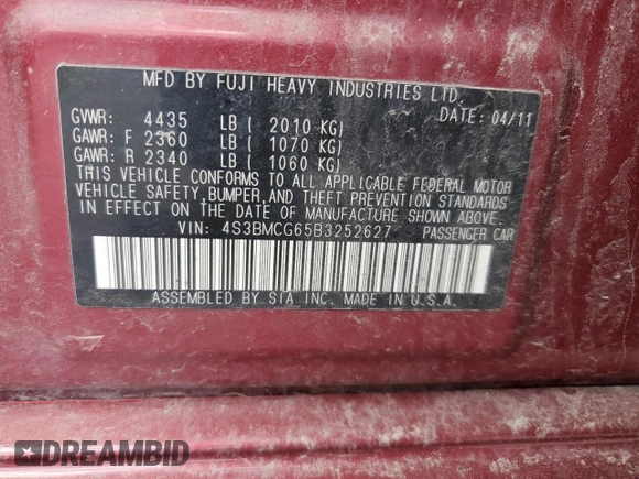2011 Subaru Legacy Premium Power Moon z VIN 4S3BMCG65B3252627, wystawiony jako Copart lot #56396145 z przebiegiem 186 486 mil mil oraz Szkoda całkowita • Salvage title. Historia ofert i sprzedaży dostępna na DreamBid. Obrazek 12.