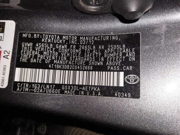 2012 Toyota Avalon with VIN 4T1BK3DB2CU452668, listed as a IAAI auction lot 41905616 with 286,782 mi miles and . Bid and sale history available at DreamBid. Image 9.